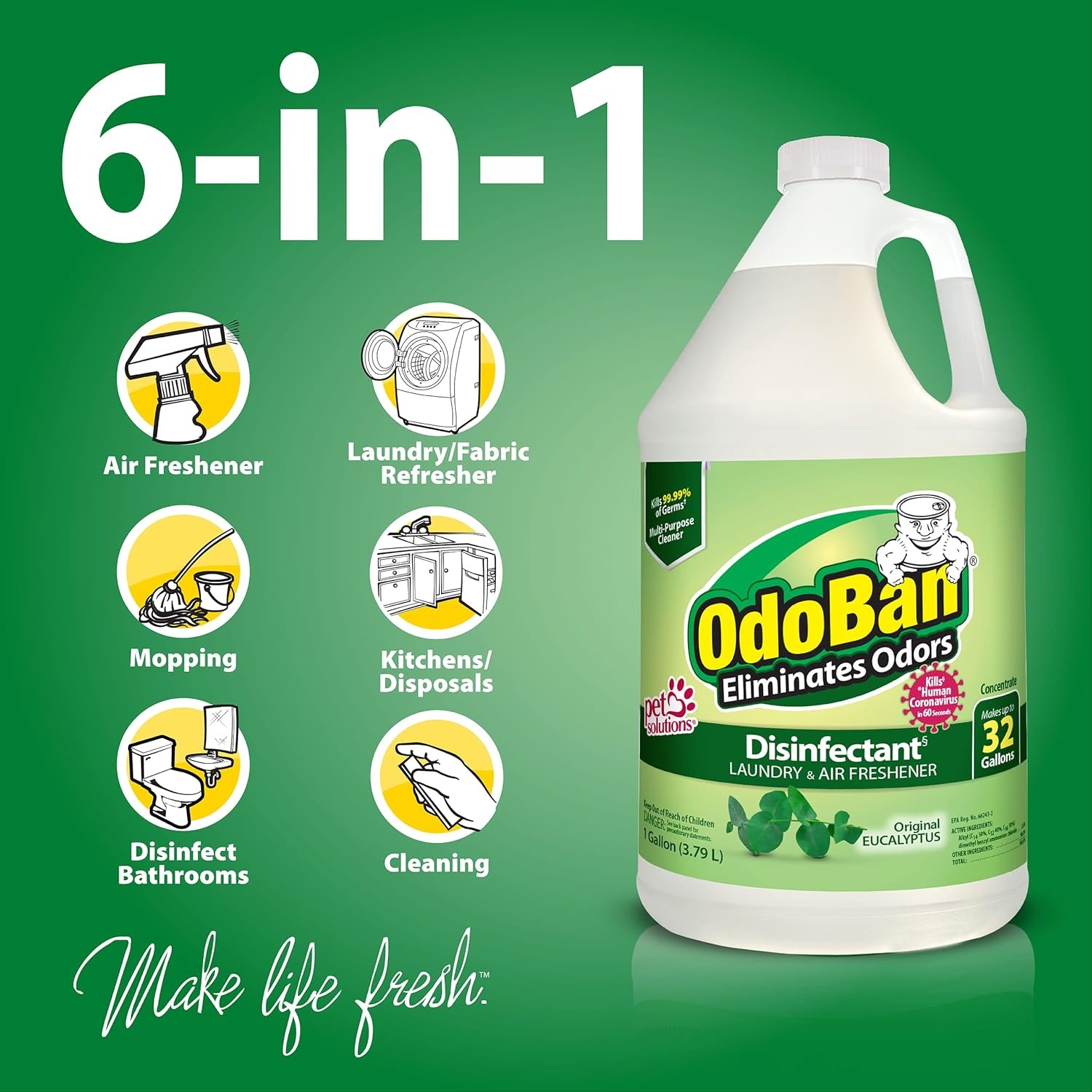 image:imageOdoBan Disinfectant Concentrate and Odor Eliminator Made in the USA Original Eucalyptus Lavender and Cotton Breeze Scents 3 GallonsEucalyptus