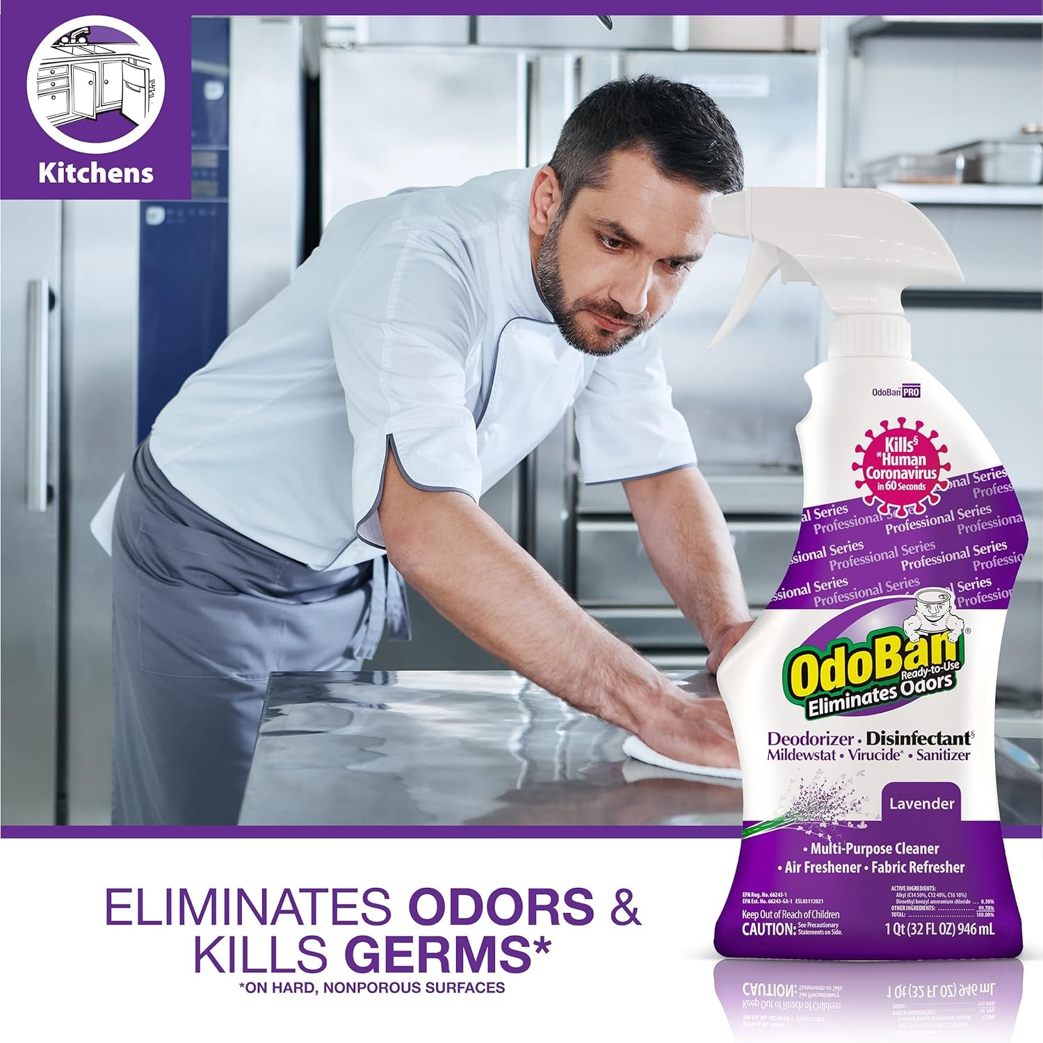 image:imageOdoBan Professional Disinfectant and Odor Eliminator ReadytoUse Spray Made in the USA Lavender Scent 4Pack 32 Ounces Each