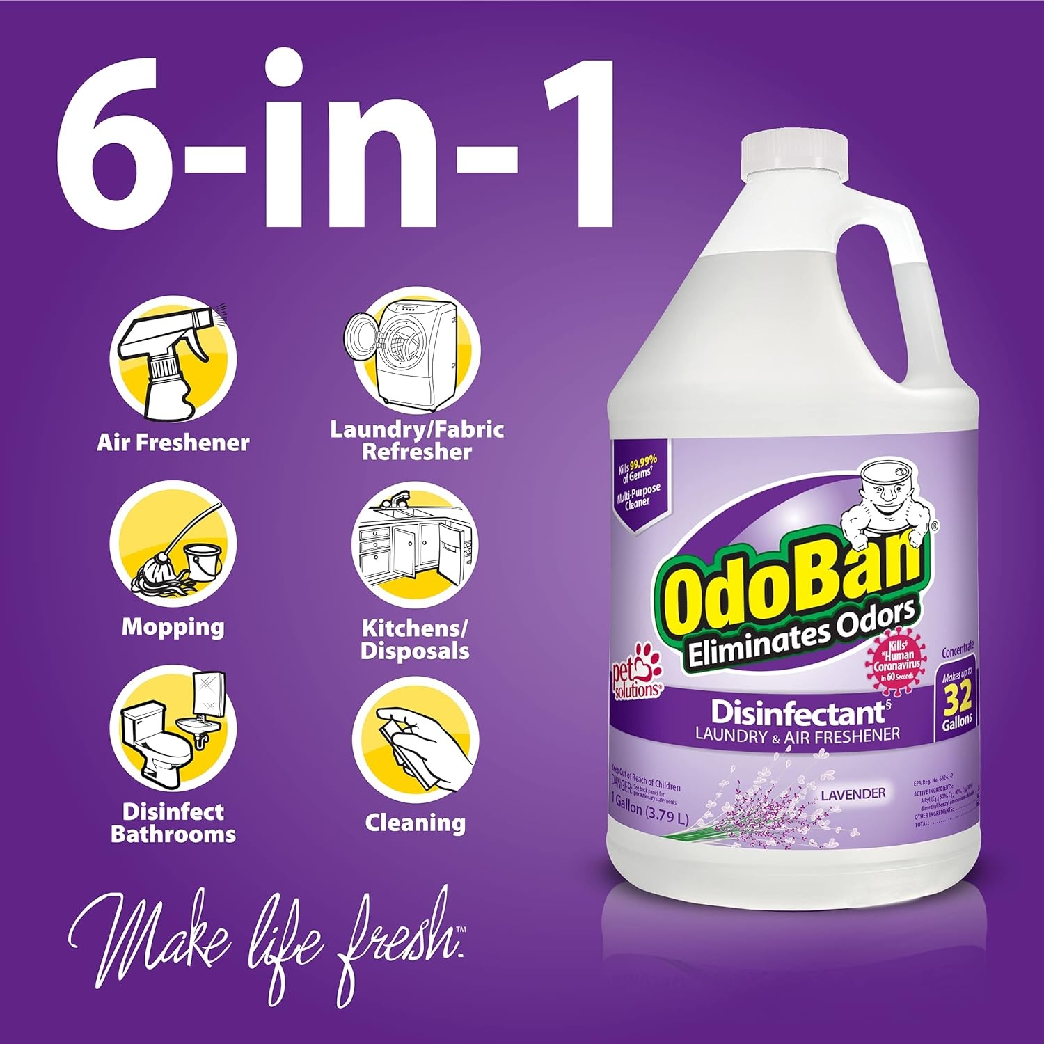 image:imageOdoBan ReadytoUse Disinfectant and Odor Eliminator Set of 3 4 Ounce Travel Spray 32 Ounce Spray 1 Gallon Concentrate Lavender Scent