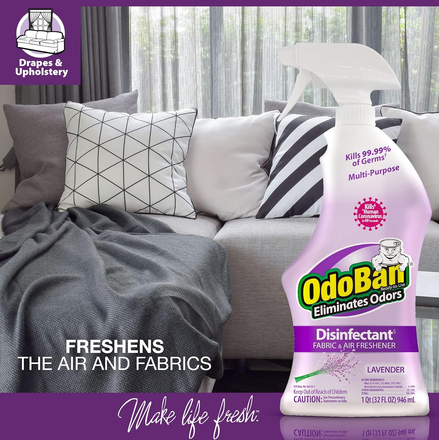 image:imageOdoBan ReadytoUse Disinfectant and Odor Eliminator Set of 3 4 Ounce Travel Spray 32 Ounce Spray 1 Gallon Concentrate Lavender Scent